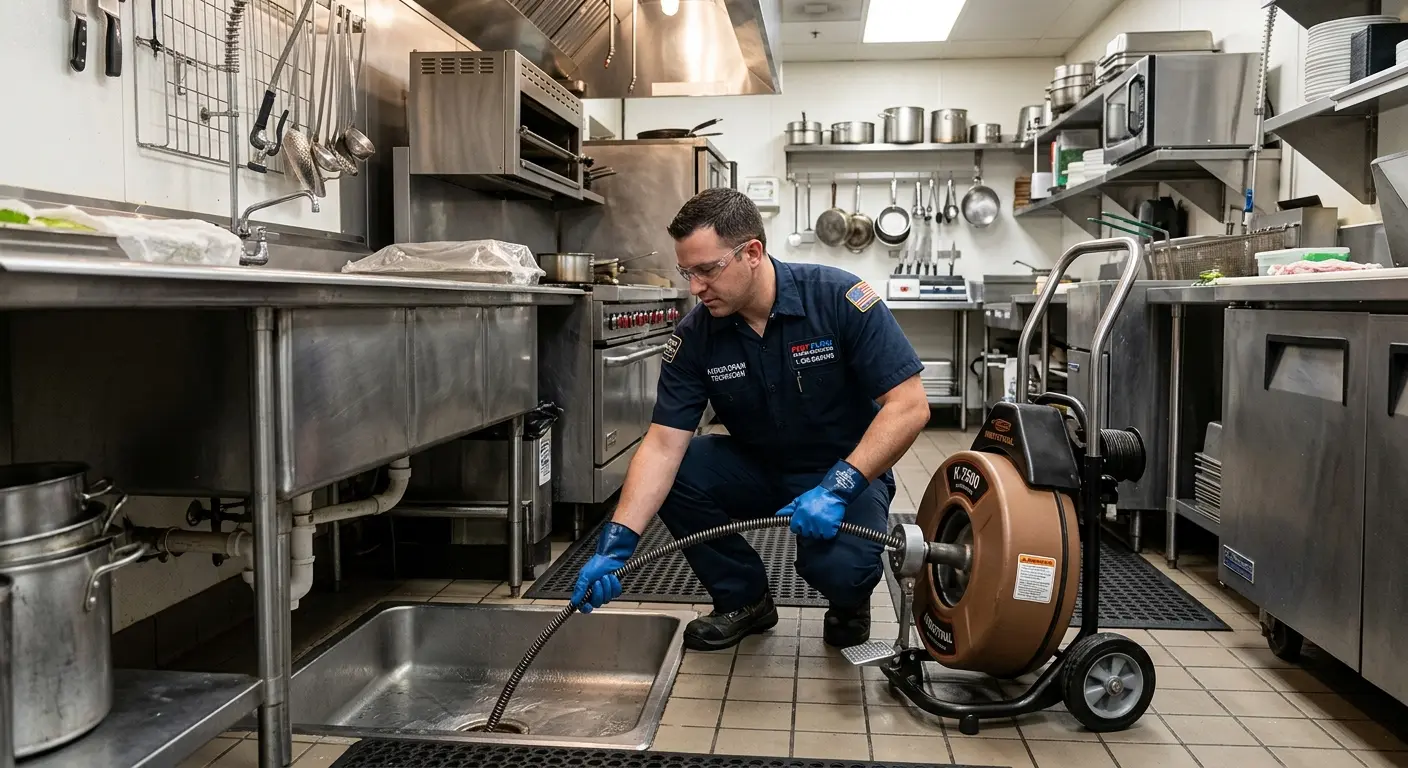 Commercial drain cleaning service in a restaurant kitchen in Orinda