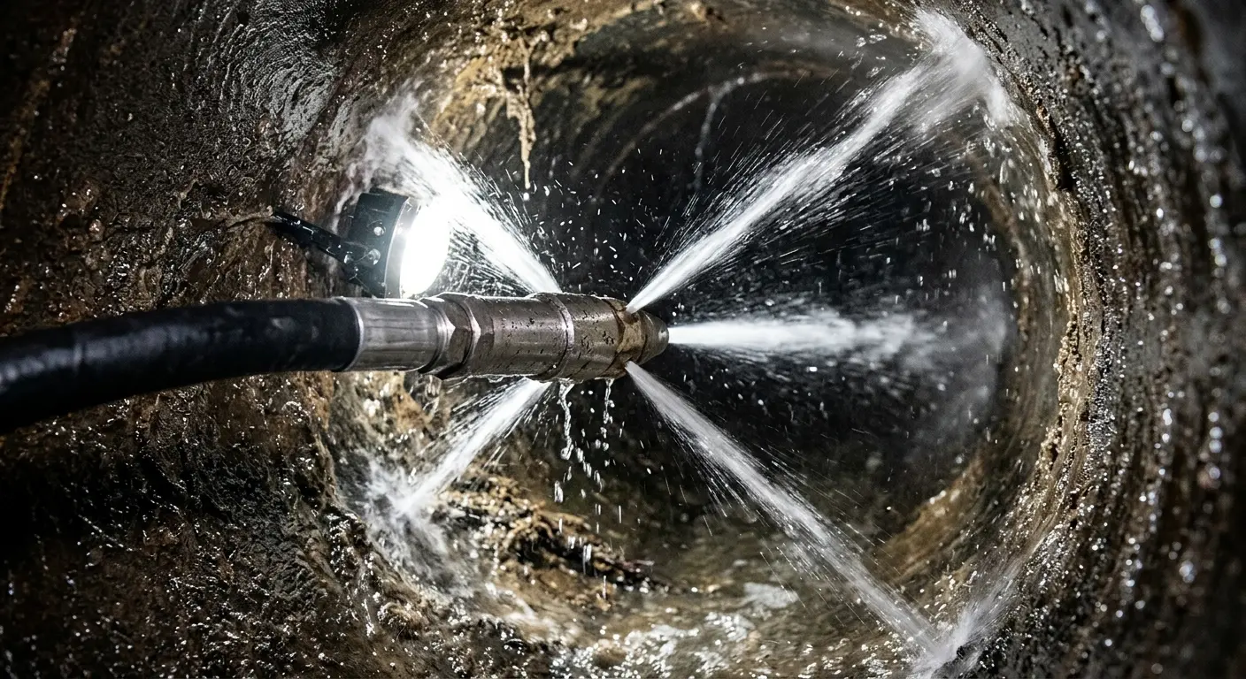 High-pressure hydro jetting nozzle cleaning sewer pipe for Sewer Line Relining in Orinda