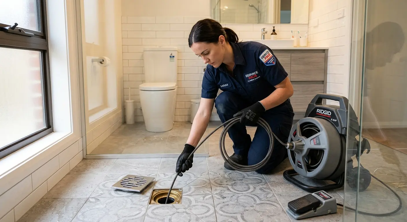 Technician clearing a bathroom floor drain for Drain Cleaning in Orinda